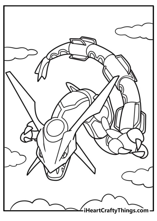 Rayquaza flying in the sky coloring page for kids