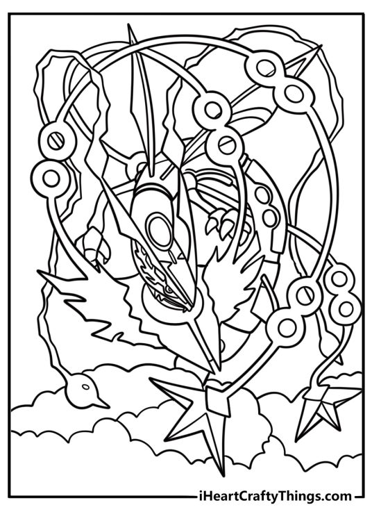 Rayquaza in Pokédex style pose printable coloring sheet