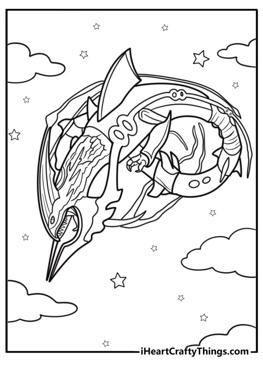 Rayquaza surrounded by stars free coloring page pdf