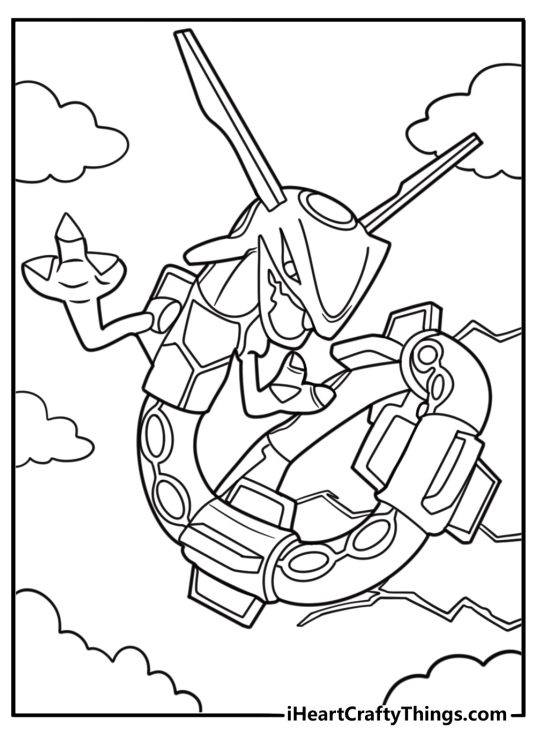 Rayquaza with glowing energy rings detailed coloring sheet