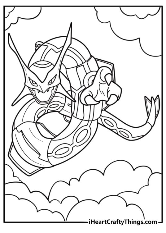 Rayquaza with storm clouds behind coloring page