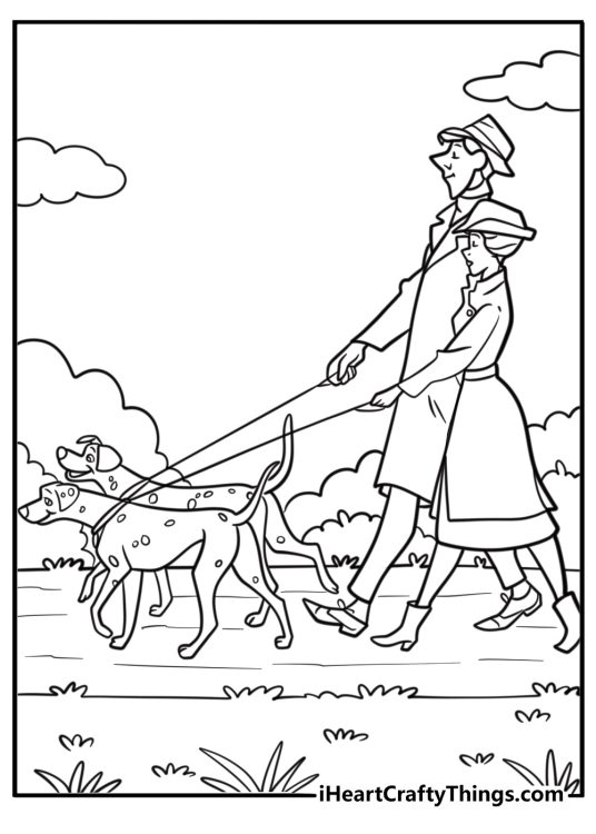 Roger and Anita walking Pongo and Perdita free printable coloring page