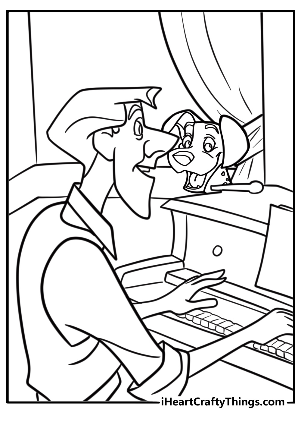 Roger playing the piano while Pongo listens detailed coloring sheet