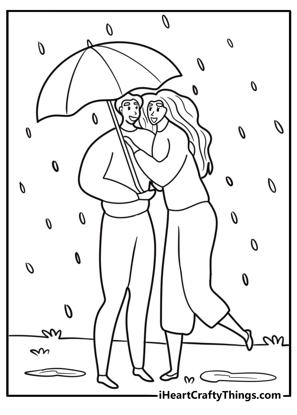 Romantic couple sharing an umbrella in the rain coloring page pdf