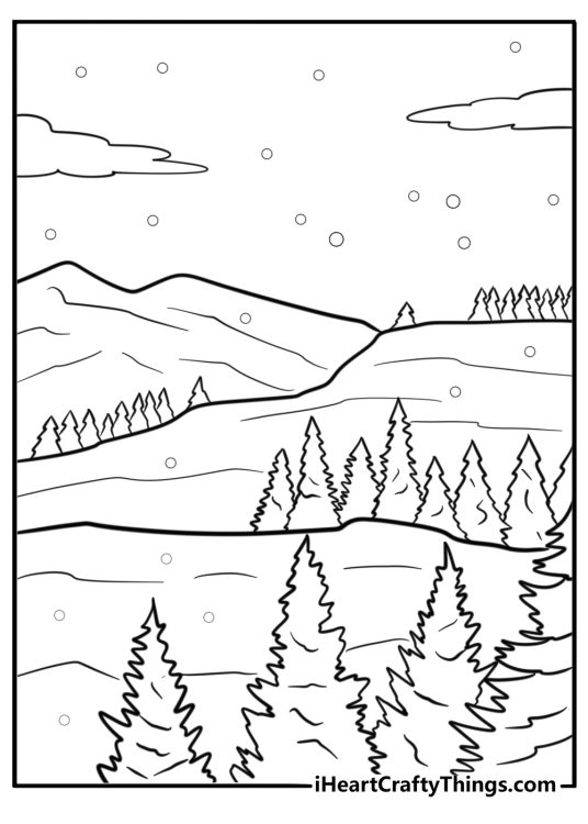 Snowy landscape with pine trees free printable coloring page