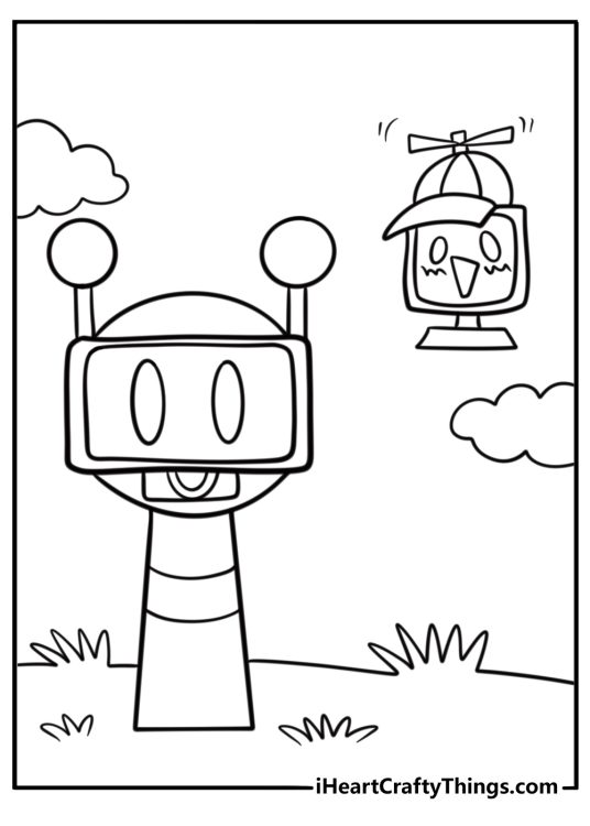 Sprunki interacting with a floating robot companion