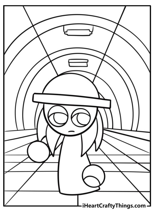 Sprunki walking through a high tech corridor