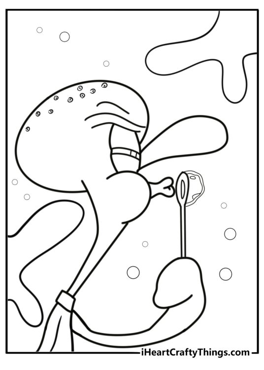 Squidward blowing bubbles fun printable coloring sheet