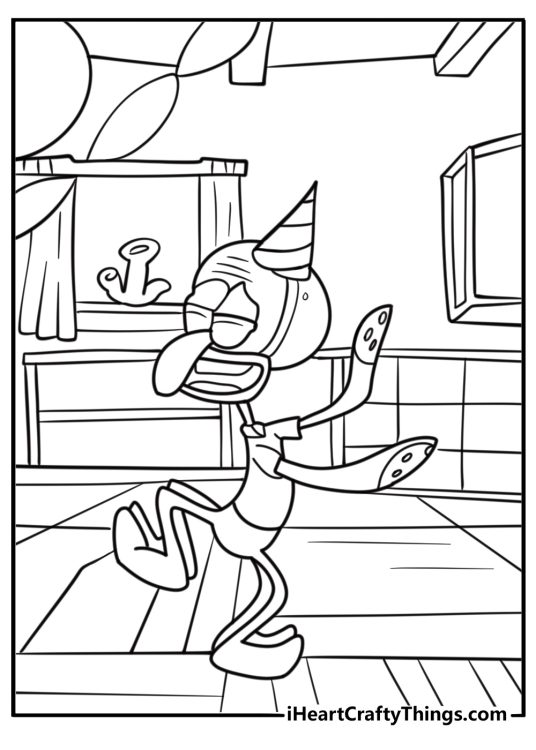 Squidward dancing in his house fun printable coloring sheet