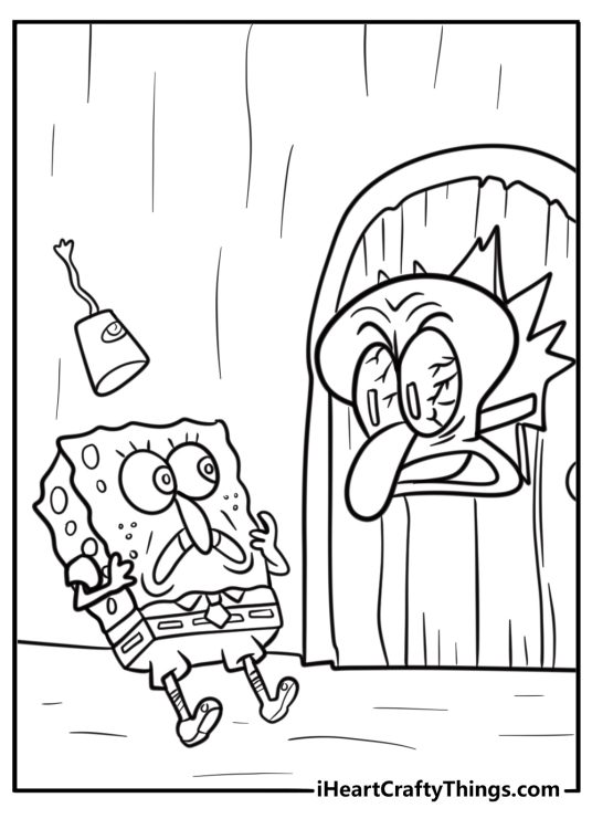 Squidward frowning at SpongeBob free printable coloring page