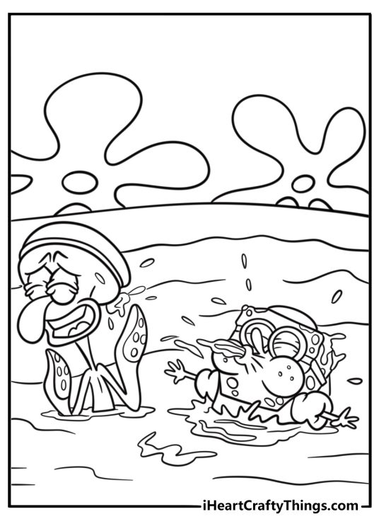 Squidward getting splashed with water free printable coloring page