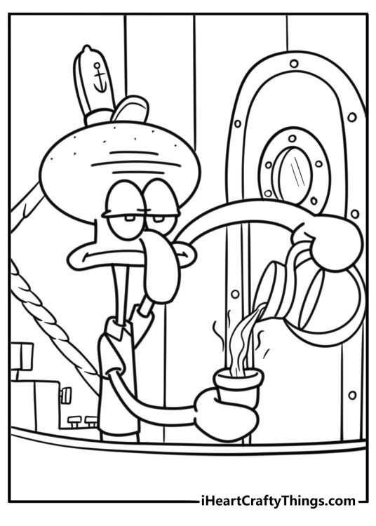 Squidward in a bathrobe holding coffee coloring page
