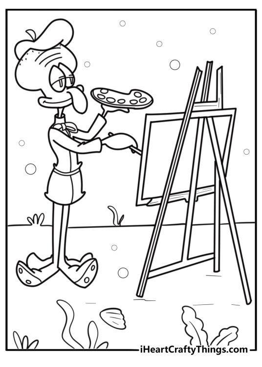 Squidward painting a picture detailed coloring sheet