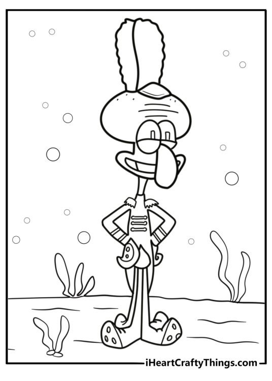 Squidward playing in a marching band fun coloring sheet for kids