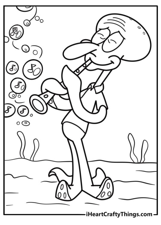 Squidward playing the clarinet detailed coloring sheet