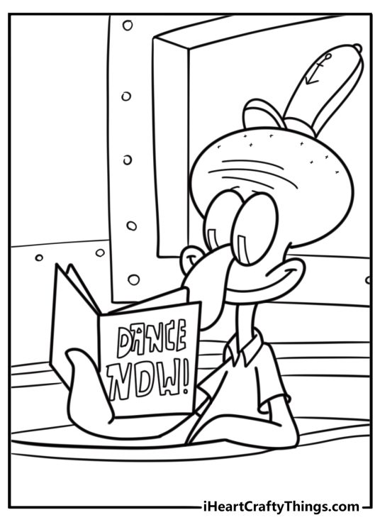 Squidward reading a book fun coloring sheet for kids