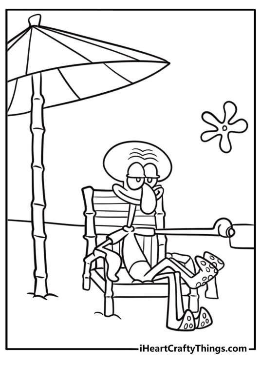 Squidward relaxing on the beach fun coloring sheet for kids