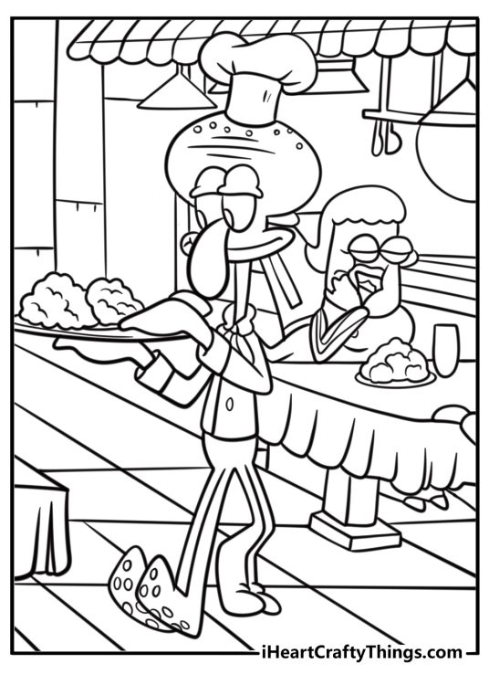 Squidward serving food at the Krusty Krab free coloring page pdf