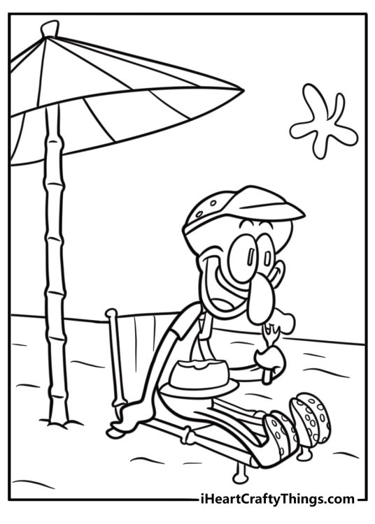 Squidward sitting alone on a bench detailed coloring sheet