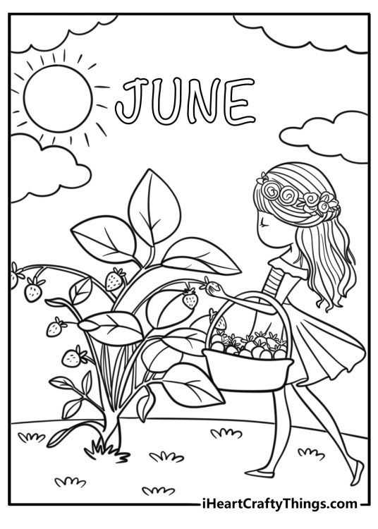 Strawberry picking in the garden June coloring page