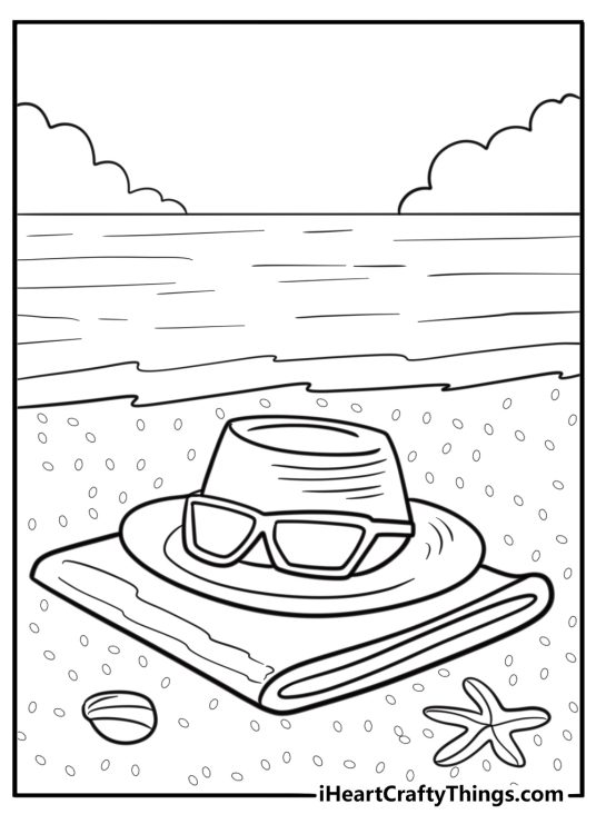 Sun hat and sunglasses on a towel summer coloring sheet