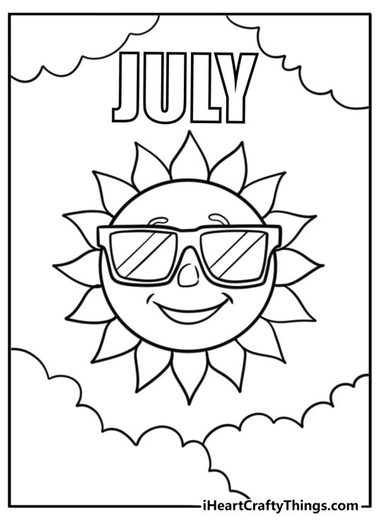 Sun wearing sunglasses on a hot July day coloring page