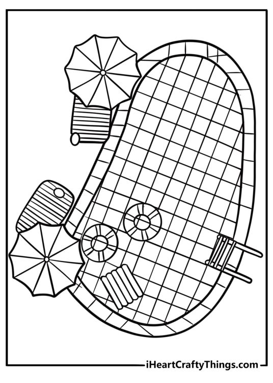 Swimming pool with floaties and splash in summer coloring page