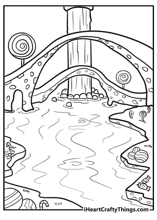 The chocolate river flowing inside the factory printable coloring page