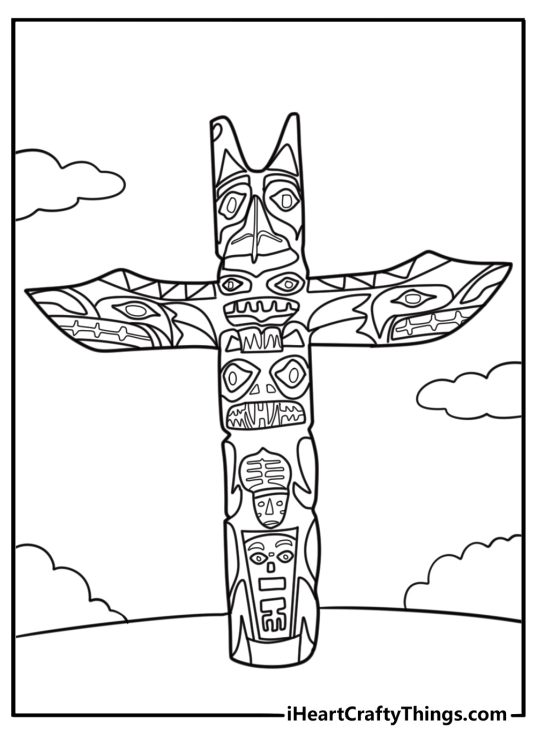 Totem pole with traditional carvings printable coloring sheet