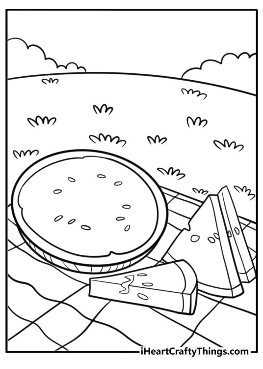 Watermelon slices on a picnic blanket June coloring page