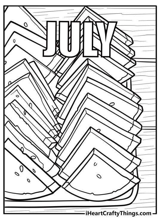 Watermelon slices on a picnic table in July coloring page