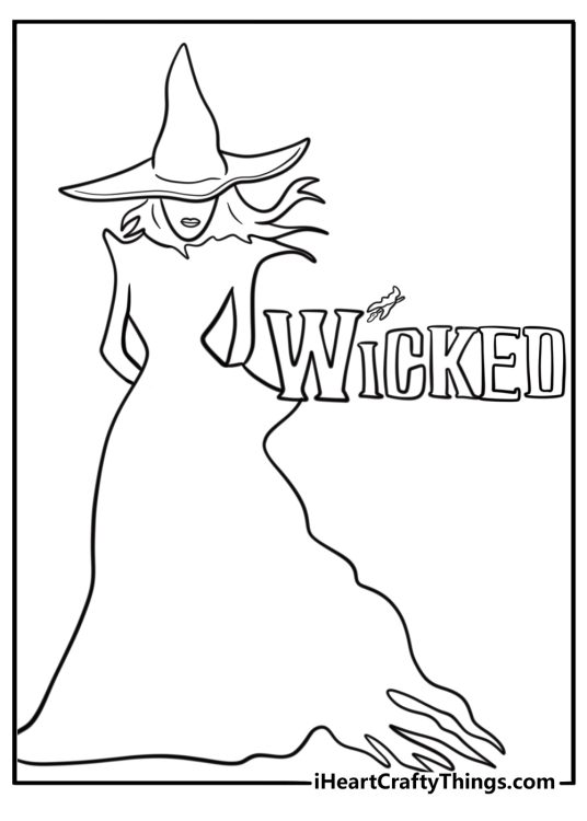 Wicked title with Elphaba silhouette fun coloring sheet