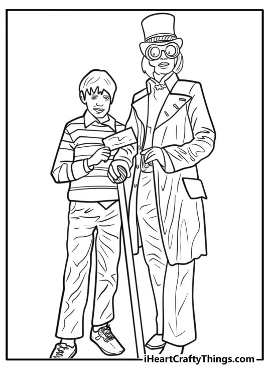 Willy Wonka and Charlie Bucket standing together fun coloring sheet