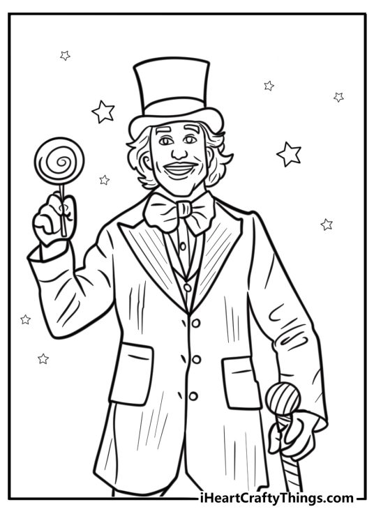Willy Wonka handing out candy detailed coloring sheet
