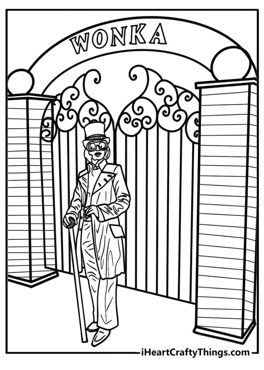 Willy Wonka opening the factory gates free printable coloring page