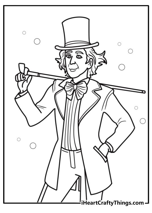 Willy Wonka smiling in his top hat coloring page