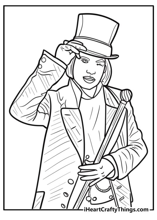 Willy Wonka winking and tipping his hat detailed coloring sheet