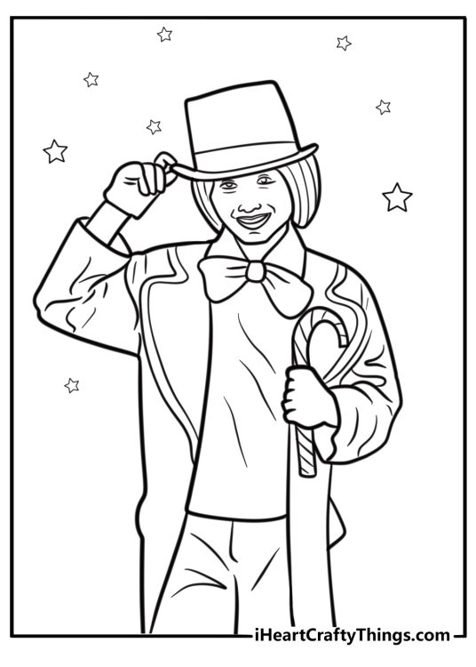 Willy Wonka with a cane and bow tie free coloring page pdf