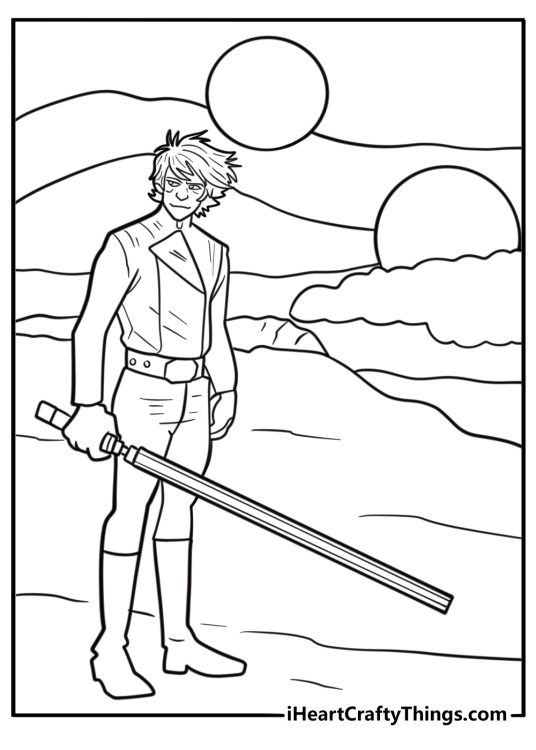 Young Luke on Tatooine with twin suns coloring sheet