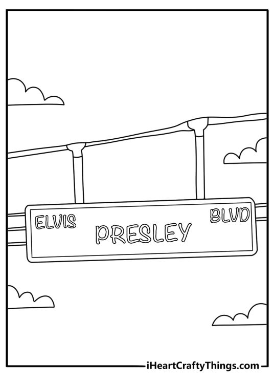 A Memphis music street sign appears in this simple coloring printable