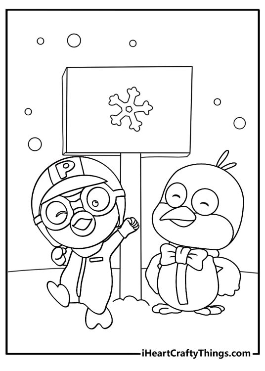 A cute Pororo coloring page features friends around a winter sign