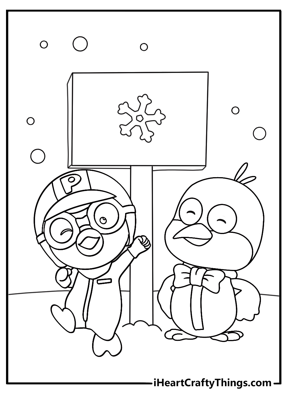 A cute Pororo coloring page features friends around a winter sign