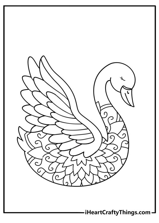 A detailed swan coloring page for adults features feather mandala patterns