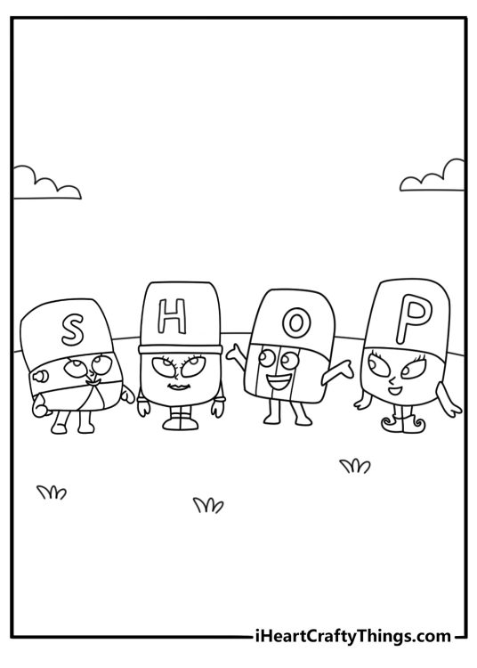 A magic word SHOP forms from four Alphablocks in this coloring page