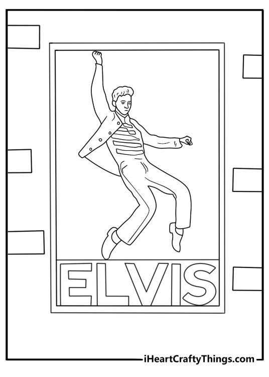 A rock and roll poster wall fills this detailed Elvis coloring page
