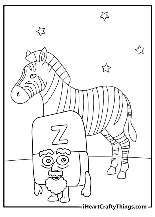 A simple coloring sheet shows Z next to a striped zebra