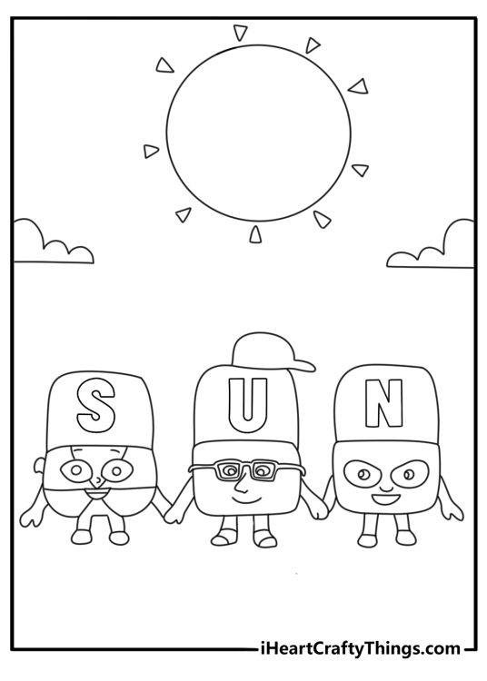 Alphablocks coloring page showing letter blocks joining to spell SUN