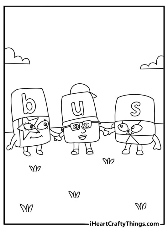 Alphablocks coloring pages scene featuring letter friends building the word BUS