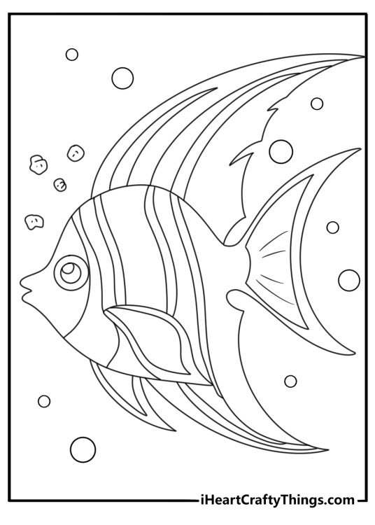 Angelfish coloring page for kids with an angelfish beside floating fish food