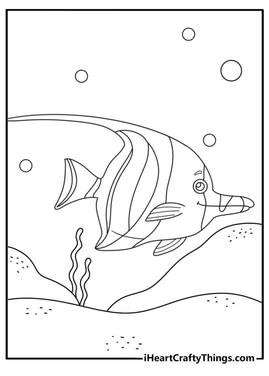 Angelfish coloring page with an angelfish swimming over soft sand